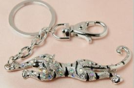Leopard Keyring with Black and Clear Crystals, On sale, 50% off, min. 3pcs