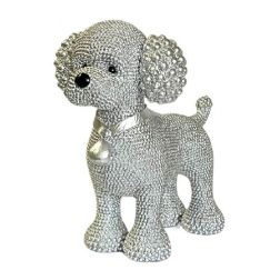 Silver Free Standing Polystone Poodle Statue with Beaded Electroplated Body, 15x9.5x15cm, Sparkle and Shine Sale, 30% Off