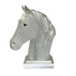 Silver Free Standing Polystone Horse Head Statue with Beaded Electroplated Finish, 15x10x19.8cm, Sparkle and Shine Sale, 30% Off
